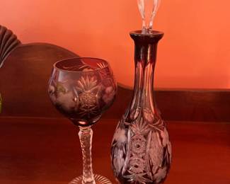 #75	VTG AJKA crystal cut. 12.5" Purple Cut crystal decanter w/ stopped & Glass 8.25"	 $ 120.00 																							