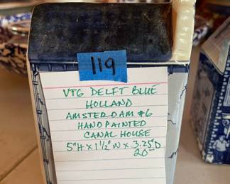 #119	Vintage Delft Blue Holland Amsterdam #6 Canal House. 5"Hx1.5"Wx3.25"D	 $ 20.00 																							