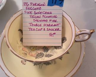 #117	VTG Paragon England Fine Bonechina Yellow Floating Dogwood Pink Double Warrant Tea Cup & Saucer.	 $ 50.00 																							