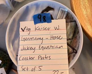#98	Vintage Kaiser W. Germany - Horse Jockey Equestrain Coaster Plates. Set of 5	 $ 22.00 																							