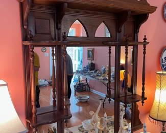 #37	1890s Antique victorian wood over fireplace mantel mirror w/ 4 shelves. 44"x34'	 $ 420.00 																							