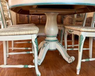 #3	Hand Painted "Pulaski furniture", Pedestal dining room table w/leaf, 4 ladder back woven chairs (1 captains chair) - Yellow and green applique details. Made in USA. 42-62x42x3.5	 $ 200.00 																							