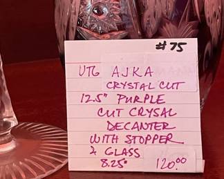 #75	VTG AJKA crystal cut. 12.5" Purple Cut crystal decanter w/ stopped & Glass 8.25"	 $ 120.00 																							