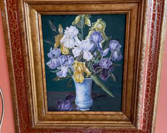 #42	Still Life Oil Painting Flowers in Vase w/ red and gold wood frame. 15"x17.5"	 $ 75.00 																							
