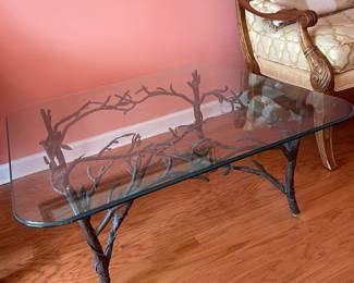 #31	Midcentury Modern Handcrafted Wrought Iron "Tree Branch" glass top coffee table. Giacometti Style. 40"x40"x16"	 $ 800.00 																							
