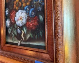 #40	Flower vase oil painting w/ wood gold  gilded frame: Signed. 15"x17"	 $ 75.00 																							