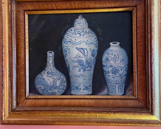 #39	3 Blue vase oil painting w/ wood gold gilded frame. Signed. 15"x14"	 $ 75.00 																							