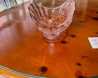 #118	Vintage Allemagne German Pressed Pink Glass - w/flower frog 10.25x6.25x7.25	 $ 55.00 																							