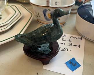 #61	Jade carved duck on stand	 $ 25.00 																							
