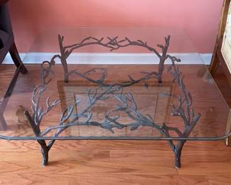#31	Midcentury Modern Handcrafted Wrought Iron "Tree Branch" glass top coffee table. Giacometti Style. 40"x40"x16"	 $ 800.00 																							