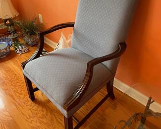 #34	Wood chippendale Style Armchair w/ blue upholstery. 	 $ 50.00 																							