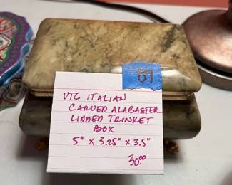 #89	VTG Italian Carved Alabaster Lidded Trinket Box. 5"x3.25"x3.5"	 $ 30.00 																							