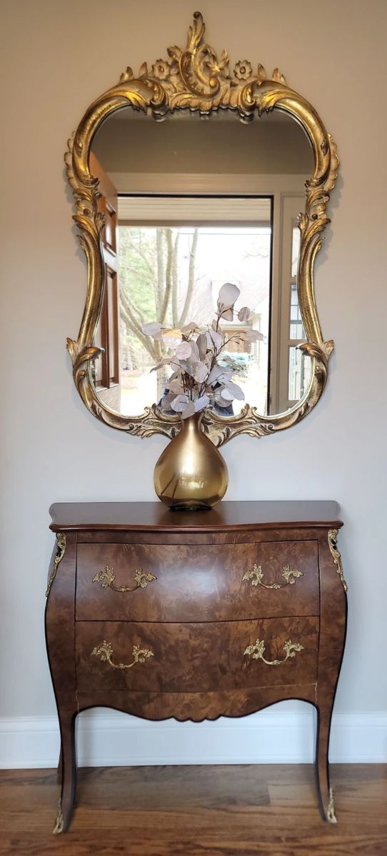 Ornate gold wall mirror. Burl Wood Bombe Chest 32"w with Brass Accents - Sale Pending