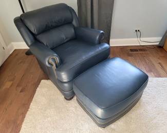 Whittemore Sherrill navy blue leather chair and ottoman