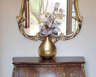 Ornate gold wall mirror.  Burl Wood Bombe Chest 32"w with Brass Accents - Sale Pending