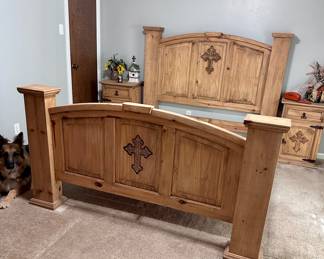 Gorgeous Queen Size Wood Bed and Nightstands with Cross Decor