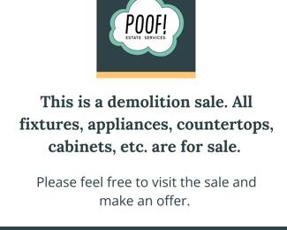 Demolition sale: toilets, sinks, faucets, light fixtures, washer and dryer, cabinets, countertops, hot water heater, air conditioning unit, etc.