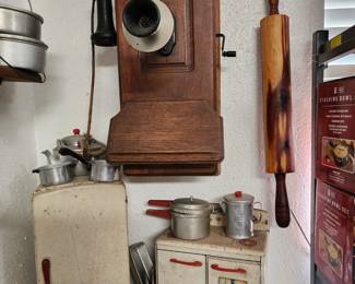 Really Cute Collection of Child's Vintage Kitchen Items - Rolling Pen - Antique Telephone 