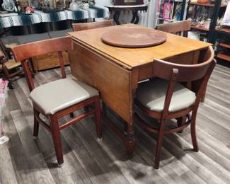 Antique Drop Leaf Kitchen Table with 4 Half Barrel Chairs -Large Lazy Susan