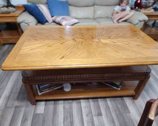 Coffee Oak Table- Top Lifts Up to Make Higher