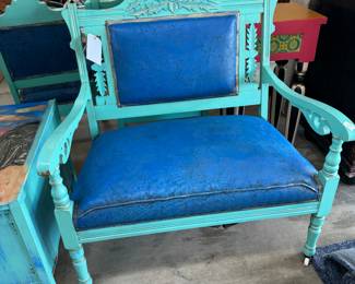 Four piece set handpainted, reupholstered, antique furniture sold either by the piece or As a set pictures do not do this justice