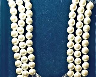 Heidi Daus 3 Strand Faux Pearl Choker with Adjuster Swarovski Ruby Crystal Butterfly Enhancer