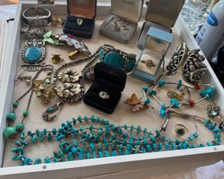 Various turquoise necklaces, opal ring, 10 and 14 karat gold jewelry