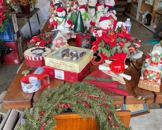 Christmas snowmen, wreaths, garlands, tree, boxes, bags, bows, wrapping paper, ornaments etc