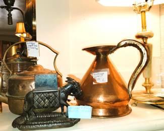 Copper tea pot and water pitcher. Bryant May donkey match striker