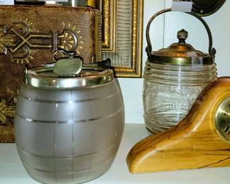 Biscuit jars, wood clock, antique bible