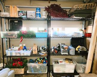 Garage Storage, christmas lights, flooring, Christmas Ornaments - hand held power tools: Drimmel, saw, belt sander 