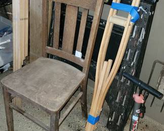 Old wood chair and modern saw horse set