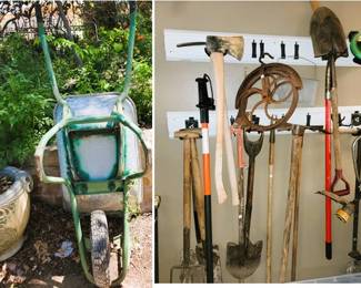 Pots and planters, old metal wheel barrow, wood handle garden tools