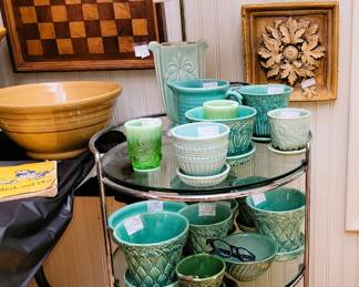 Mobile chrome and glass bar cart - McCoy turquois pottery - wood chess/checker board - weather clock