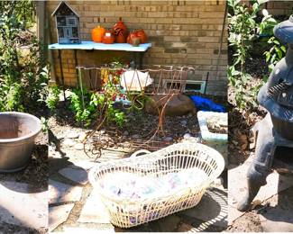 Iron wood burning stove, Moses basket, iron plant stand, insect house, pottery pumpkins