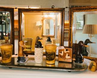 Tri-fold shaving mirror, carved duck head toppers and unique shot glasses