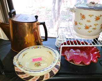 Biscuit Jar, pie plates - large lidded coper pitcher 