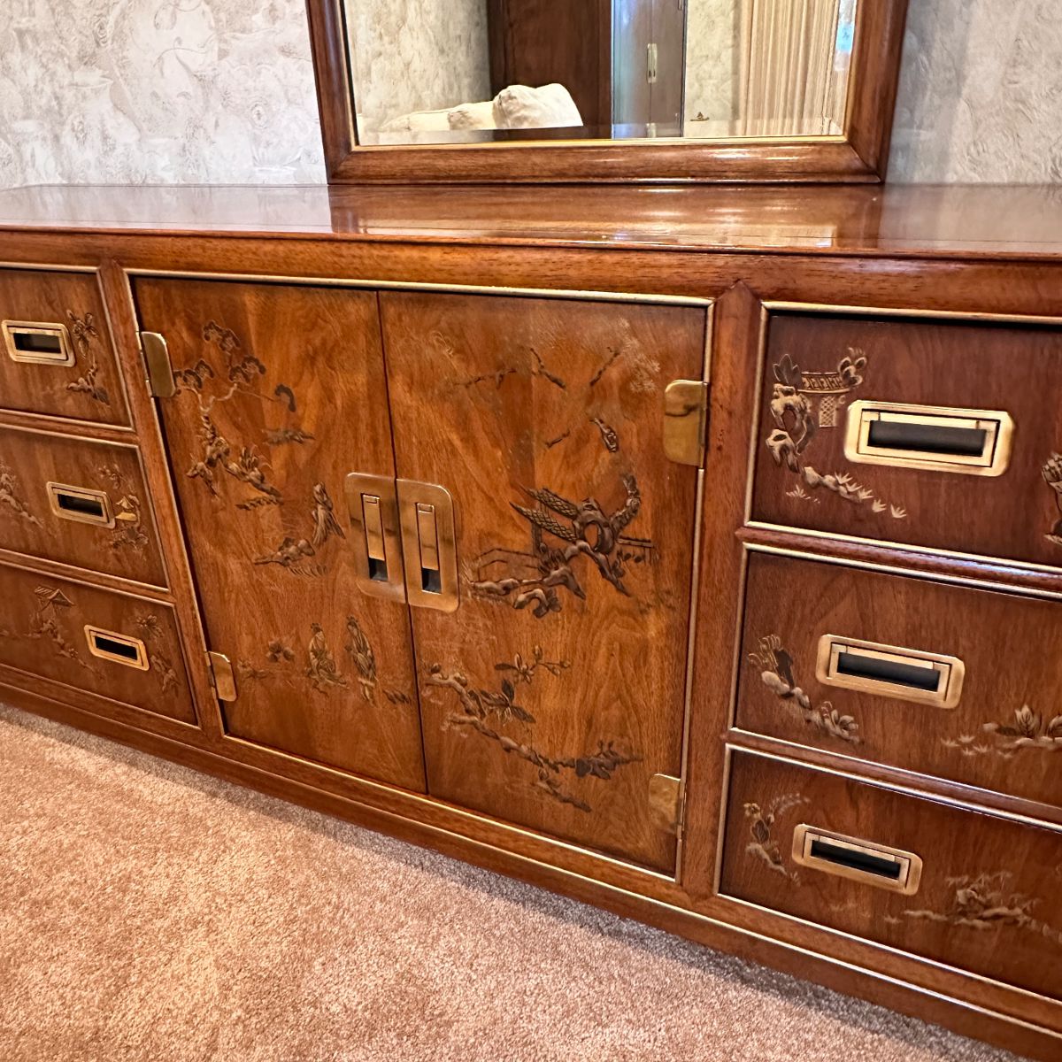 MCM Drexel Heritage Furnishings for their Dynasty Collection, Lowboy Dresser with Mirror