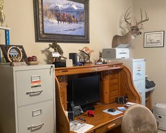 2 large Roll Top Desk in great shape & taxidermy deer heads. G. Harvey print  