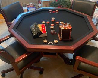 Bumper pool table/poker table with 4 chairs, 10 balls, chalk and new poker chips and cards