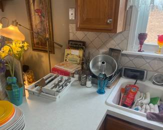 set of silverware, vintage cookbooks 