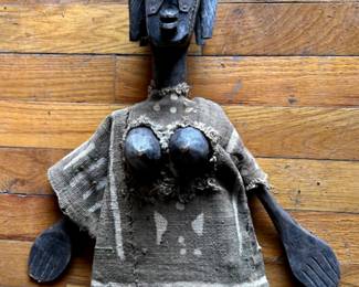 Bambara tribe female doll about 12" metal face.. Mali  West Africa . fabric dress .. 