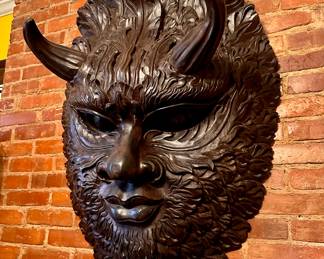 MASK Vintage Mythological Bacchus, Satyr, Green Man Carved Wood HUGE
Our Amazing wood carving was Hand Carved  for us while in Bali Indonesia and shipped here year 2000 ~ 4 feet high 48” high and 30’ wide X 16” deep ~ Heavy about 75 pounds ~{Heavy wire and eye hooks for wall hanging} 