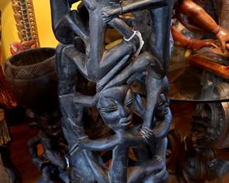 Makonde Vintage Statue Ebony Shetani spirits ..Collected 1995 Nigeria Africa over 40" tall ~ large top bowl  {could be use as planter?}. Hand Carved "ONE" piece of wood !!!!!  