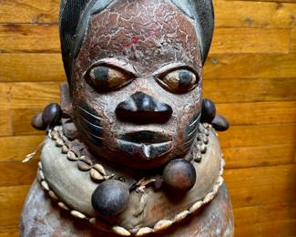 Yoruba Tribe helmet mask Africa 20" high x 14 "wide . base of mask is a gourd , metal bells & shells 