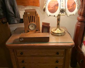 oak bedside table, touch lamp