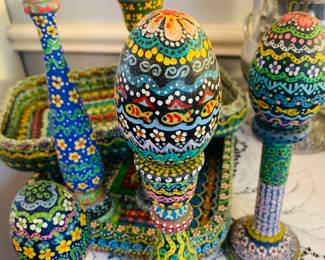 hand painted bowls, eggs, stands by Derinda