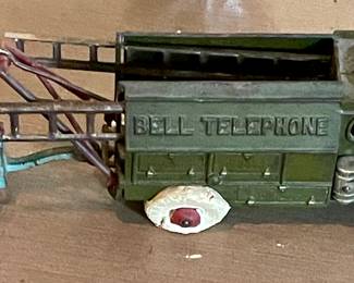 ABM126   $280   ANTIQUE 1930’s HUBLEY CAST IRON BELL TELEPHONE TRUCK, TRAILER, AUGER and 2-LADDERS   