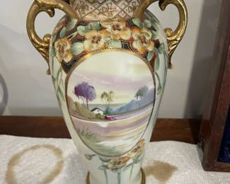 Antique  Noritake Japanese Hand Painted Moriage Vase  Twin Handle 1920's.