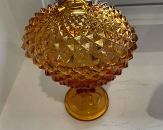 Vintage 14" Amber Pedestal Candy Dish Centerpiece W/Lid Diamond Point Sawtooth.